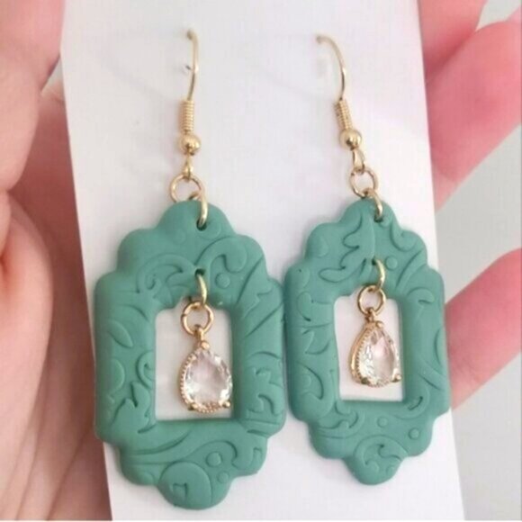 Boho Gold Plated Sage Green Embossed Pattern Crystal Drop Dangle Earrings - Picture 5 of 9
